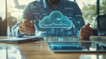 Cloud security. Businessman analyzing cloud security metrics and data trends graph displayed on office table with tab, ensuring compliance and risk assessment are monitored effectively.