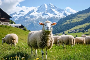 Fototapeta premium Swiss landscape featuring grazing sheep on lush grasslands.