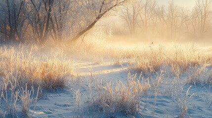 Fototapeta premium Frosty Morning Sunlight Over Meadow Landscape