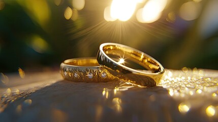 Golden Wedding Bands Amidst a Hawaiian Sunset Celebrating Love Generative AI