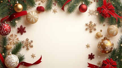 Christmas border with golden ornaments and red ribbons