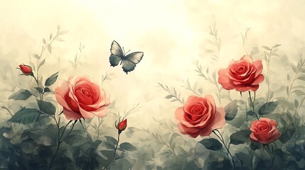 Obraz premium Vintageinspired floral art with roses and butterflies