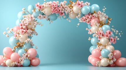 Elegant balloon arch with pastel flowers and golden accents