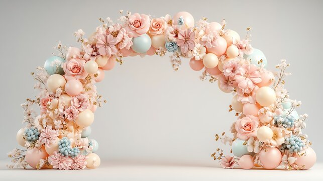 Floral balloon arch with soft pastel tones and gold details