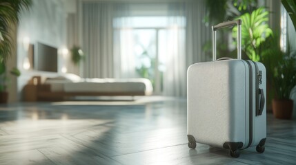 A suitcase near the front of a modern hotel room. In the distance, a bed and a TV.