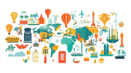 Colorful World Map Illustration with Travel Icons and Landmarks