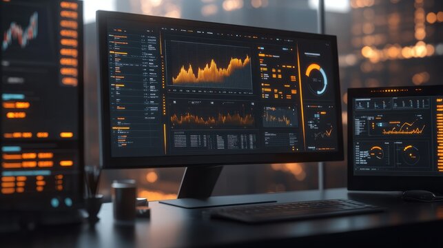 Digital dashboard displaying financial data and analytics with various graphs and charts.