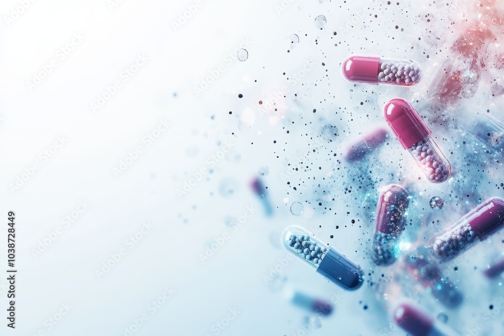 Aufkleber colorful capsules exploding with particles in a dynamic display of pharmaceutical concepts