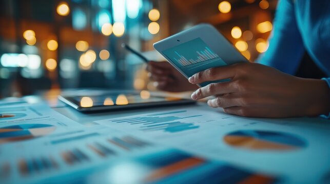 Documents, tablet and hands of business people in office with finance data, statistics or charts. Discussion, corporate and actuary with paperwork for client on financial contract for investment risk