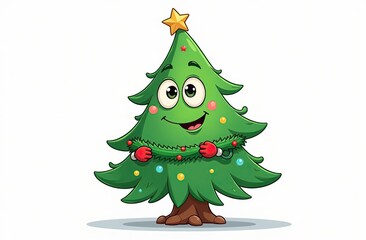 Fototapeta premium Funny character, Christmas tree with eyes and hands, garland , on white background 