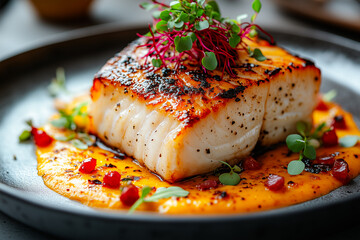 Plate of fish with a sauce and garnish