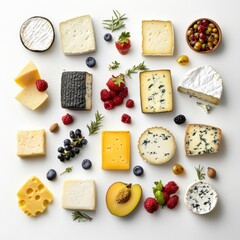 A colorful cheese platter with fruits, nuts, and herbs arranged for a gourmet presentation.