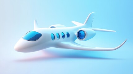 Flying plane icon. Cute, cartoon 3d realistic white airplane with blue portholes and wings, perspective view