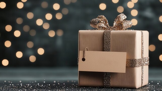 Wrapped gift with personalized tag, glittering backdrop, illustration