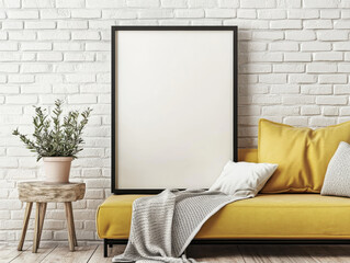 Cozy living room scene featuring yellow sofa, potted plant, and blank picture frame against white brick wall. This inviting space is perfect for relaxation and creativity