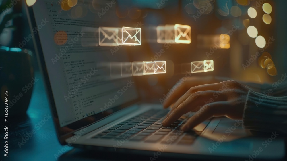 Poster hands typing on laptop with email notifications