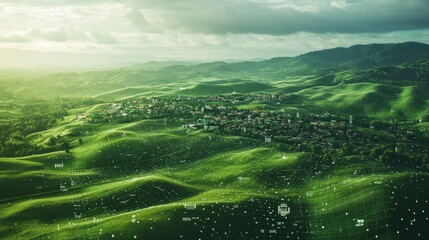 Futuristic Data Overlay on Rolling Green Hills and Village