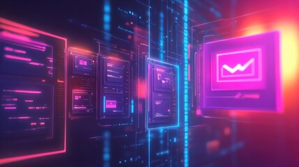 Obraz premium Futuristic Workflow Automation Concept with AI in Digital Document Management, Highlighting Streamlined Processes, Reduced Manual Tasks, and Advanced Technology at Night, Vibrant Colors, Tech Theme