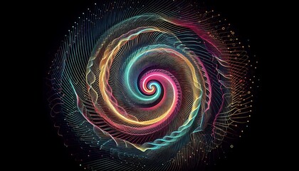 Abstract spiral pattern with neon-colored lines black background,generative ai