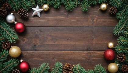 Festive Christmas arrangement of pine branches, ornaments, and pine cones on a wooden background with copy space