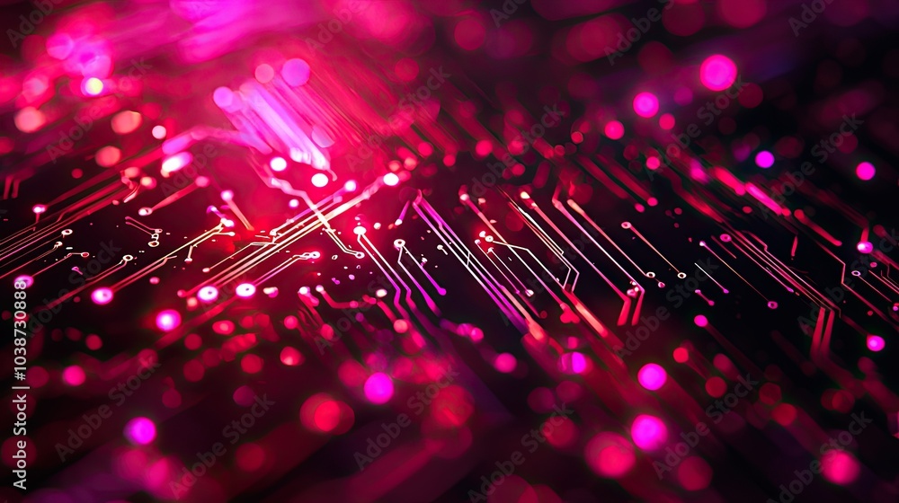Poster abstract circuit board with vibrant colors and intricate patterns, glowing in the dark