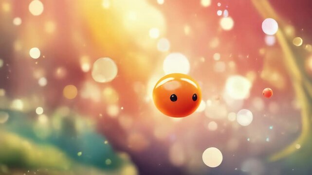 Floating Cartoon Sphere in Whimsical Bokeh Garden Scene
