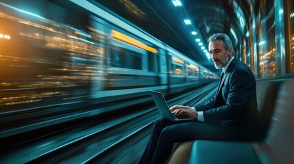 Handsome middle age businessman using his laptop computer while traveling with high-speed train. Modern and fast travel concept.