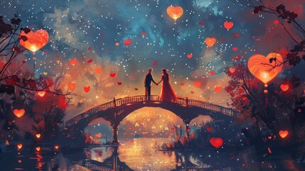 Romantic Valentine's Day Card with Couple on Bridge Under Starry Night Sky and Heart Lanterns