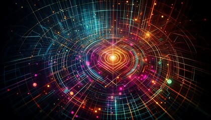 Obraz premium Abstract futuristic grid pattern in glowing neon colors dark background,generative ai