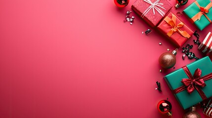 Colorful Christmas presents and ornaments on festive pink background.