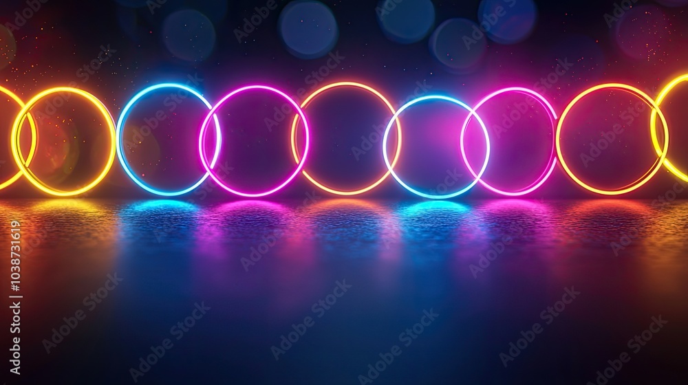 Poster colorful neon circles glowing against a dark background with soft bokeh effect.