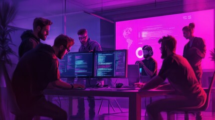 innovative team of software developers collaborating on creative programming project concept illustration