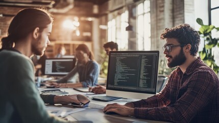 IT developers discussing online software development information on pc screen, creating program coding for latest version application on website. Concept of brainstorming firmware updated. Sellable.