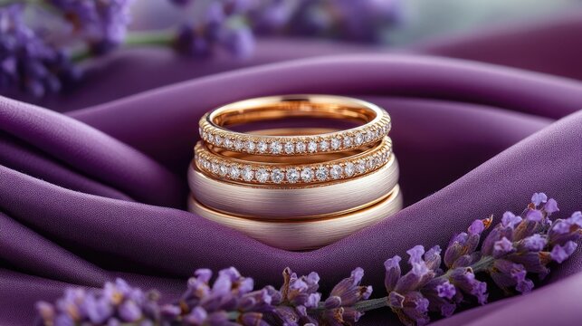 Elegant Golden Wedding Bands Displayed in a Lavender Setting Generative AI