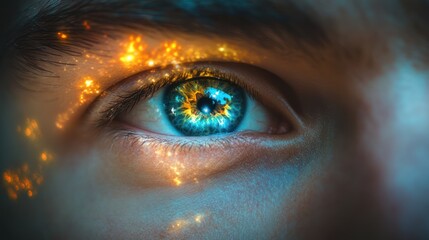 A close-up of a human eye with a cosmic effect, showcasing vibrant colors and details.