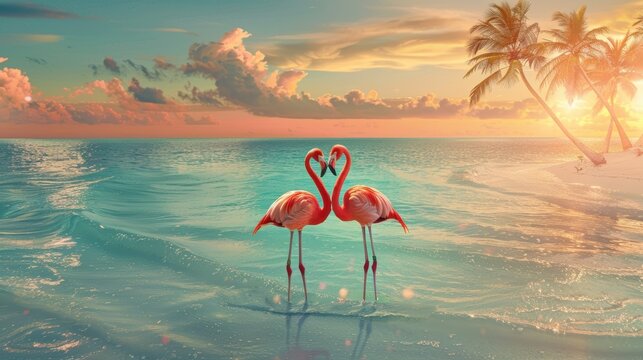 Tropical Valentine's Day Card Design with Flamingos and Sunset Paradise