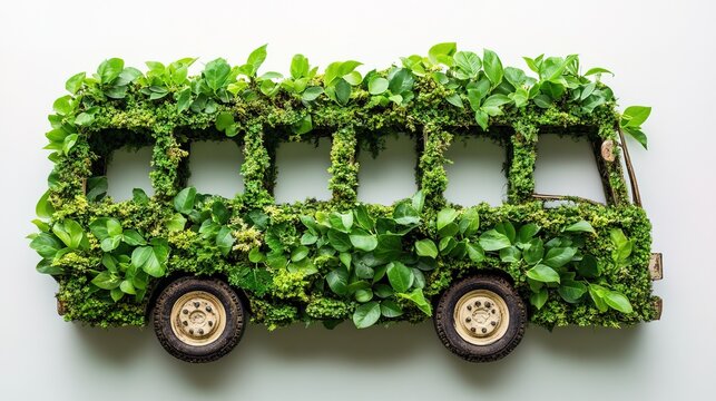 Ecofriendly bus silhouette formed by lush green leaves 