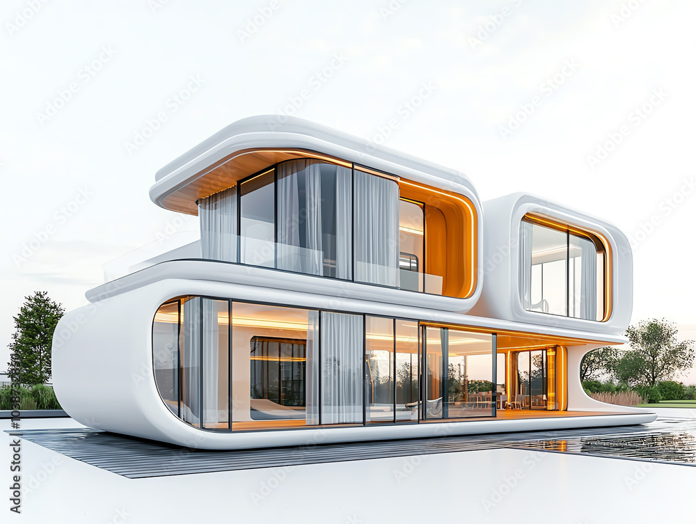 Poster exploring the aesthetic and functional aspects of a solar-powered futuristic home with minimalist ar