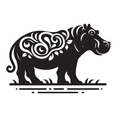Modern Tribal Hippo Silhouette Illustration , Bold Abstract Animal Design