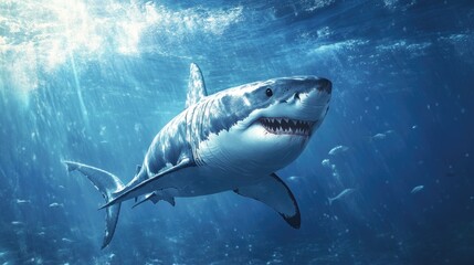 Fototapeta premium Great white shark swimming gracefully in clear blue ocean water.