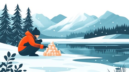 Fototapeta premium Person in winter clothes building a snowman near a frozen lake with mountains in background.
