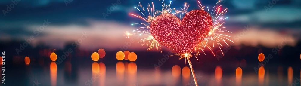 Poster heart-shaped sparkler with colorful bokeh lights in the background at dusk.