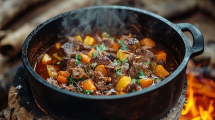 Fototapeta premium A steaming pot of beef stew with vegetables, simmering over an open fire.