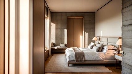 Japandi-style bedroom in a neutral color palette with subtle wooden undertones, concrete walls, large beds with white linen, neutral carpet, bedside tables with lamps, wooden door