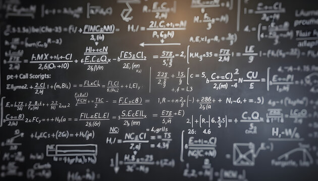 Blackboard inscribed with scientific formulas and calculations in physics and mathematics. Science and education math background isolated with white highlights, png