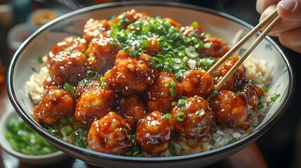 Close up of a bowl of orange chicken with rice and green onions.