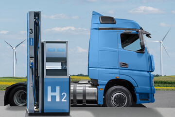 A hydrogen fuel cell semi truck with H2 gas cylinder onboard next to filling station. Eco-friendly...