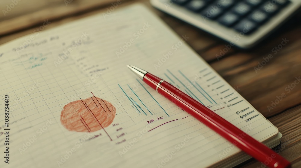 Poster pivot point concept on a notebook with business charts and a red pen on a desk