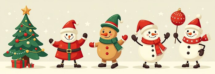 Xmas items set. Christmas tree, Santa with gifts, elves. Festive wreath, candy canes, gingerbreads. New year decorations. Winter holiday decor. Flat isolated vector illustration on white background 