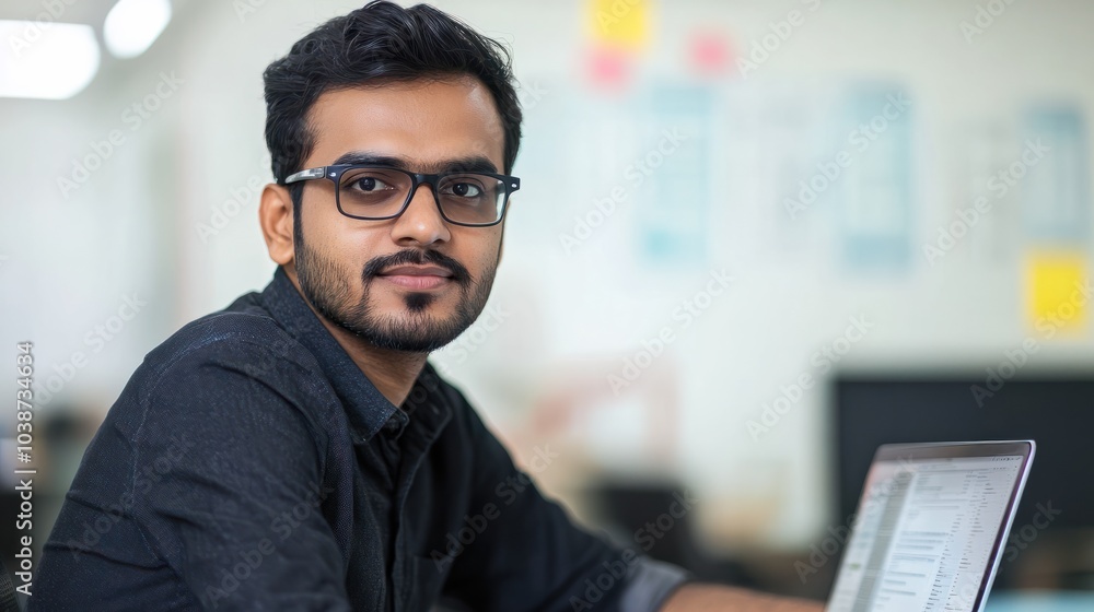 Poster portrait of an indian software engineer or web developer working on laptop in modern office looking 